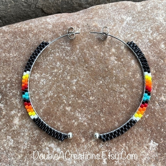 Black with Native Colors Bead Half Hoops, New, Handmade By Me - Picture 3 of 11